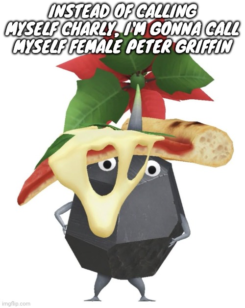 Context: Last post | INSTEAD OF CALLING MYSELF CHARLY, I'M GONNA CALL MYSELF FEMALE PETER GRIFFIN | image tagged in pizza rock pikmin | made w/ Imgflip meme maker