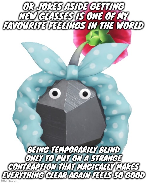 Scrunchie rock pikmin | OK JOKES ASIDE GETTING NEW GLASSES IS ONE OF MY FAVOURITE FEELINGS IN THE WORLD; BEING TEMPORARILY BLIND ONLY TO PUT ON A STRANGE CONTRAPTION THAT MAGICALLY MAKES EVERYTHING CLEAR AGAIN FEELS SO GOOD | image tagged in scrunchie rock pikmin | made w/ Imgflip meme maker