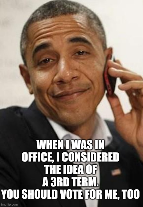 obama phone | WHEN I WAS IN OFFICE, I CONSIDERED THE IDEA OF A 3RD TERM.
YOU SHOULD VOTE FOR ME, TOO | image tagged in obama phone | made w/ Imgflip meme maker