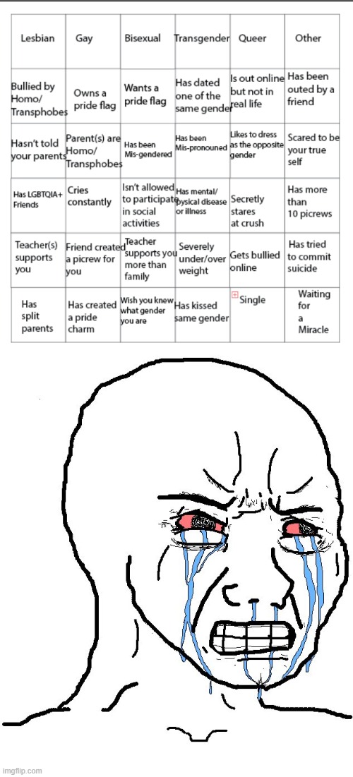 We hittin all the phobias with this one | image tagged in lgbtqia bingo,angry wojak | made w/ Imgflip meme maker