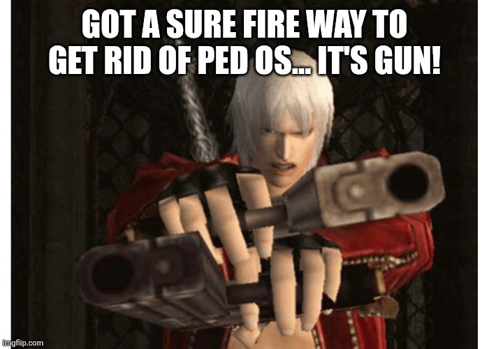Dante (Devil May Cry) | GOT A SURE FIRE WAY TO GET RID OF PED OS... IT'S GUN! | image tagged in dante devil may cry | made w/ Imgflip meme maker