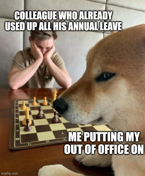Out of office smug | COLLEAGUE WHO ALREADY USED UP ALL HIS ANNUAL LEAVE; ME PUTTING MY OUT OF OFFICE ON | image tagged in chess doge | made w/ Imgflip meme maker