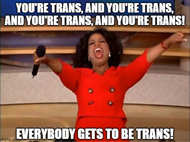 How the media treats fictional characters | YOU'RE TRANS, AND YOU'RE TRANS, AND YOU'RE TRANS, AND YOU'RE TRANS! EVERYBODY GETS TO BE TRANS! | image tagged in memes,oprah you get a,woke | made w/ Imgflip meme maker