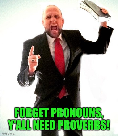 Angry Preacher | FORGET PRONOUNS, Y'ALL NEED PROVERBS! | image tagged in angry preacher | made w/ Imgflip meme maker