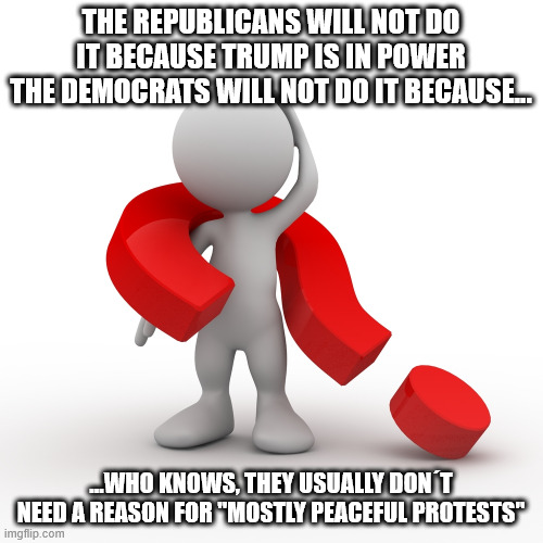 question mark  | THE REPUBLICANS WILL NOT DO IT BECAUSE TRUMP IS IN POWER
THE DEMOCRATS WILL NOT DO IT BECAUSE... ...WHO KNOWS, THEY USUALLY DON´T NEED A REA | image tagged in question mark | made w/ Imgflip meme maker