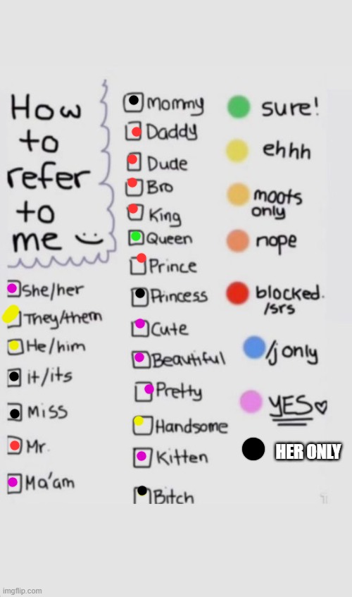 How To Refer To Me :) | HER ONLY | image tagged in how to refer to me | made w/ Imgflip meme maker