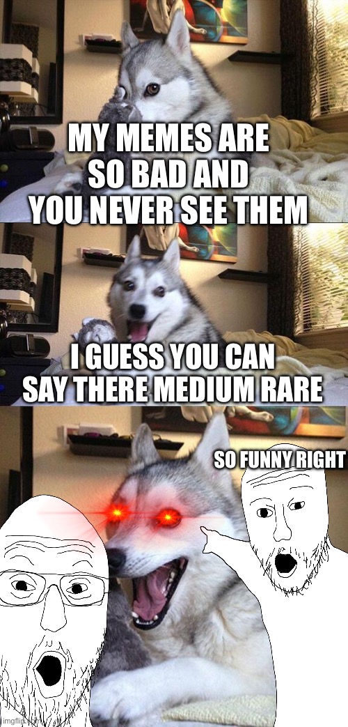 Bad Pun Dog | MY MEMES ARE SO BAD AND YOU NEVER SEE THEM; I GUESS YOU CAN SAY THERE MEDIUM RARE; SO FUNNY RIGHT | image tagged in memes,bad pun dog | made w/ Imgflip meme maker