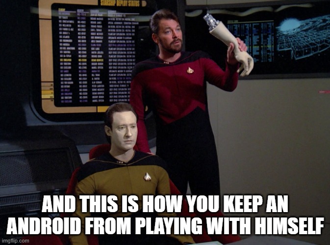 Take the Arm | AND THIS IS HOW YOU KEEP AN ANDROID FROM PLAYING WITH HIMSELF | image tagged in riker holding data's arm | made w/ Imgflip meme maker