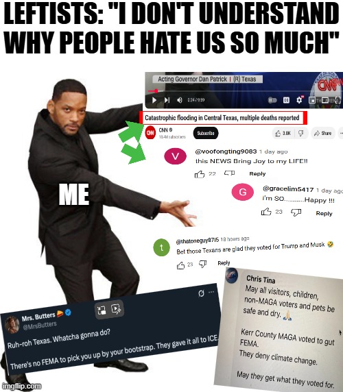 Total mystery why people hate the left | LEFTISTS: "I DON'T UNDERSTAND WHY PEOPLE HATE US SO MUCH"; ME | image tagged in tada will smith,liberal hypocrisy,political meme,leftists,democrats | made w/ Imgflip meme maker