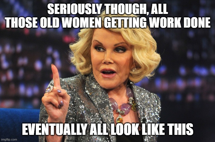 Joan Rivers | SERIOUSLY THOUGH, ALL THOSE OLD WOMEN GETTING WORK DONE EVENTUALLY ALL LOOK LIKE THIS | image tagged in joan rivers | made w/ Imgflip meme maker