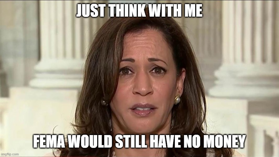 kamala harris | JUST THINK WITH ME FEMA WOULD STILL HAVE NO MONEY | image tagged in kamala harris | made w/ Imgflip meme maker