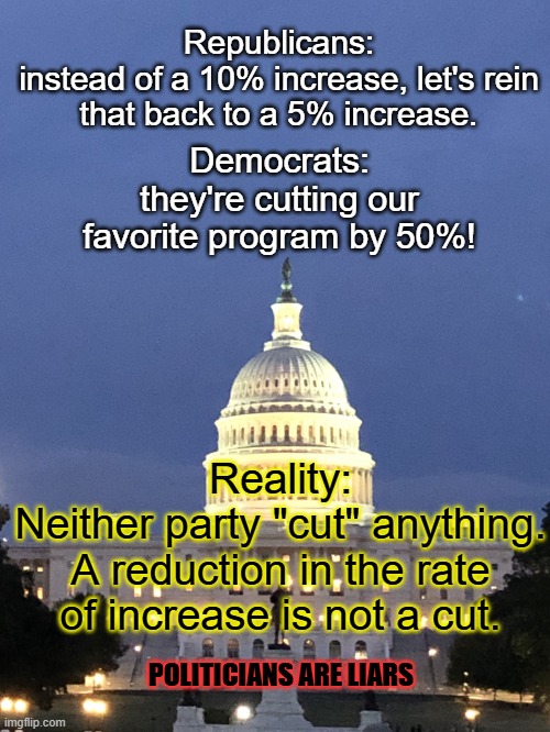Politicians are LIARS 99.99% of the time. | Republicans:
instead of a 10% increase, let's rein that back to a 5% increase. Democrats:
they're cutting our favorite program by 50%! Reality:
Neither party "cut" anything.
A reduction in the rate of increase is not a cut. POLITICIANS ARE LIARS | image tagged in capitol building washington dc,government corruption,politicians suck | made w/ Imgflip meme maker