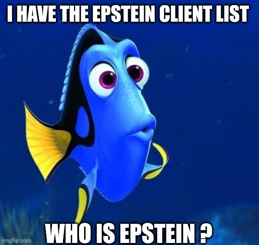 dory | I HAVE THE EPSTEIN CLIENT LIST; WHO IS EPSTEIN ? | image tagged in dory,jeffrey epstein | made w/ Imgflip meme maker