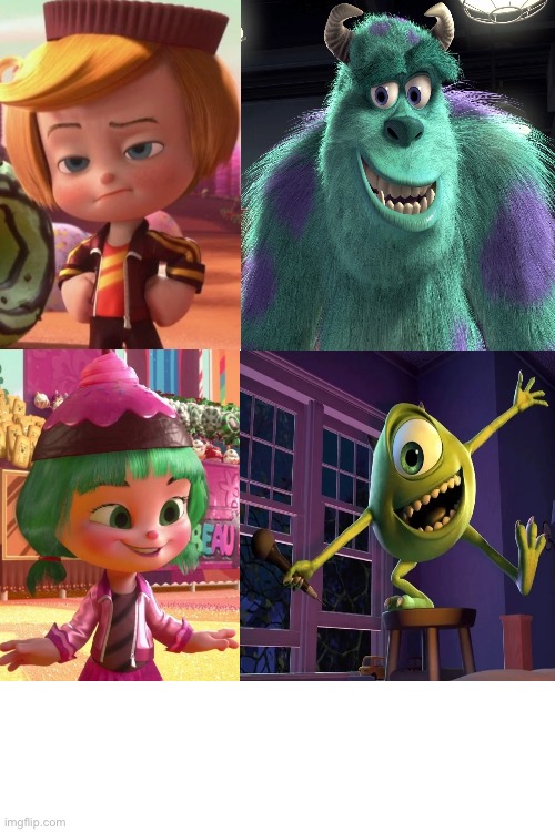 Rancis Fluggerbutter & Candlehead as James P. Sullivan & Mike Wazowski | image tagged in crossover,crossover meme,disney,pixar,monsters inc,wreck it ralph | made w/ Imgflip meme maker
