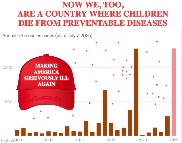 If we've got more than 1000 cases before school starts, we're in trouble | NOW WE, TOO,
ARE A COUNTRY WHERE CHILDREN DIE FROM PREVENTABLE DISEASES; MAKING
AMERICA
GRIEVOUSLY ILL
AGAIN | image tagged in measles,death,disease,antivax,rfk jr,lies | made w/ Imgflip meme maker
