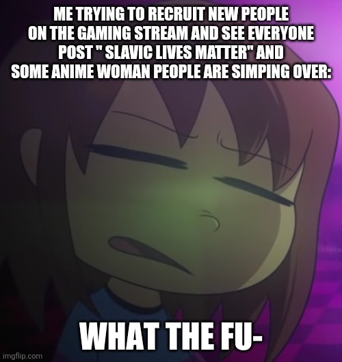 Frisk What The Fu- | ME TRYING TO RECRUIT NEW PEOPLE ON THE GAMING STREAM AND SEE EVERYONE POST " SLAVIC LIVES MATTER" AND SOME ANIME WOMAN PEOPLE ARE SIMPING OVER: | image tagged in frisk what the fu- | made w/ Imgflip meme maker