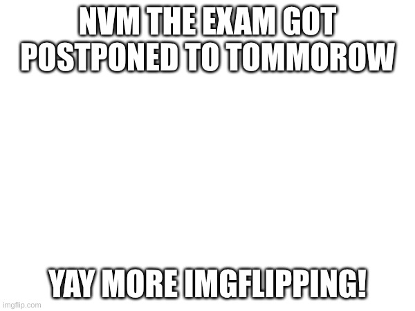 yipee | NVM THE EXAM GOT POSTPONED TO TOMMOROW; YAY MORE IMGFLIPPING! | image tagged in yay | made w/ Imgflip meme maker