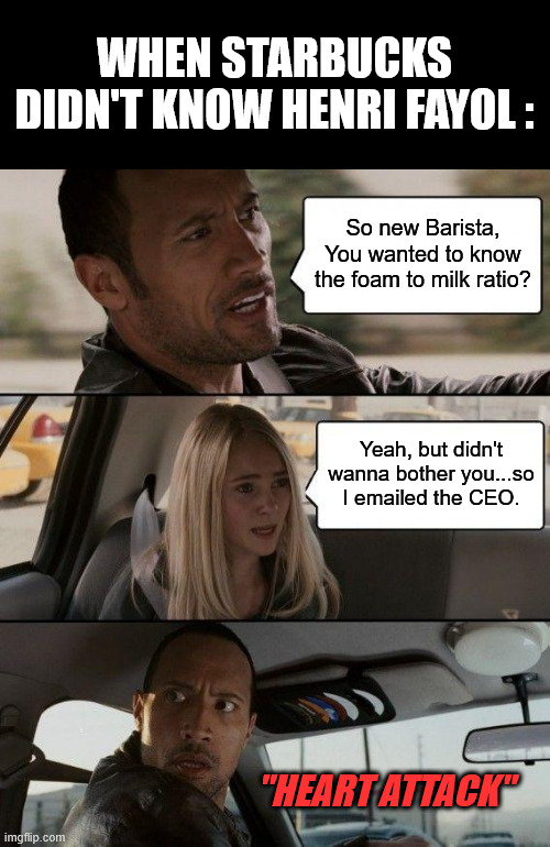 Henri Fayol's Principle | WHEN STARBUCKS DIDN'T KNOW HENRI FAYOL :; So new Barista, You wanted to know the foam to milk ratio? Yeah, but didn't wanna bother you...so I emailed the CEO. "HEART ATTACK" | image tagged in memes,the rock driving | made w/ Imgflip meme maker