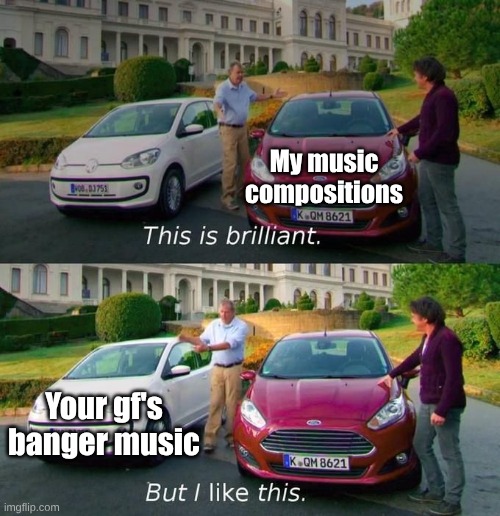 This Is Brilliant But I Like This | My music compositions Your gf's banger music | image tagged in this is brilliant but i like this | made w/ Imgflip meme maker