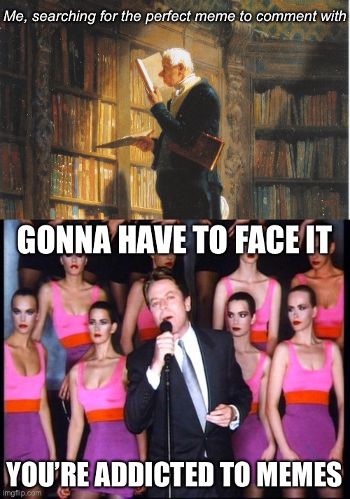 Is meme addiction a thing? | Me, searching for the perfect meme to comment with; GONNA HAVE TO FACE IT; YOU’RE ADDICTED TO MEMES | image tagged in meme library,robert palmer,addiction,comment,perfect | made w/ Imgflip meme maker