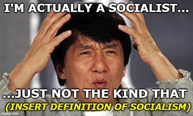 Jackie Chan WTF | I'M ACTUALLY A SOCIALIST... ...JUST NOT THE KIND THAT (INSERT DEFINITION OF SOCIALISM) | image tagged in jackie chan wtf | made w/ Imgflip meme maker