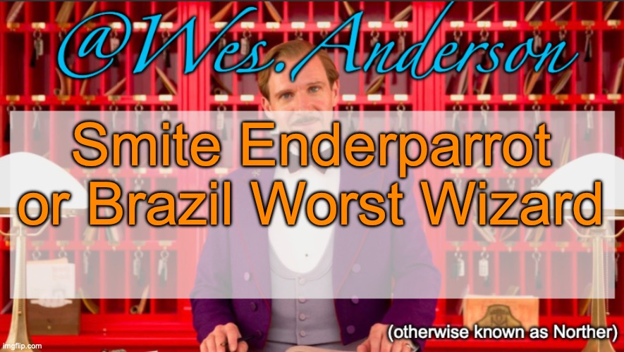 Wes.Anderson temp | Smite Enderparrot or Brazil Worst Wizard | image tagged in wes anderson temp,voting game s11 | made w/ Imgflip meme maker