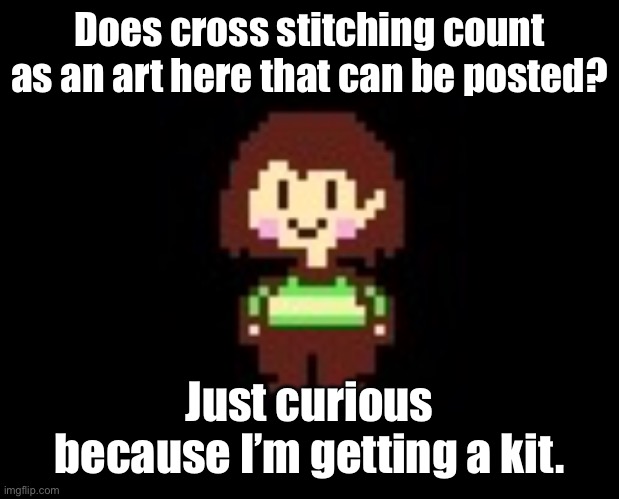 ..? (Hell yea! -U) | Does cross stitching count as an art here that can be posted? Just curious because I’m getting a kit. | image tagged in chara | made w/ Imgflip meme maker