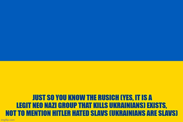 Ukraine flag | JUST SO YOU KNOW THE RUSICH (YES, IT IS A LEGIT NEO NAZI GROUP THAT KILLS UKRAINIANS) EXISTS, NOT TO MENTION HITLER HATED SLAVS (UKRAINIANS ARE SLAVS) | image tagged in ukraine flag,neo-nazis,russo-ukrainian war | made w/ Imgflip meme maker