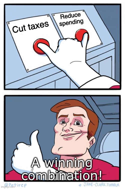 Both Buttons Pressed | Reduce spending; Cut taxes; A winning combination! | image tagged in both buttons pressed | made w/ Imgflip meme maker