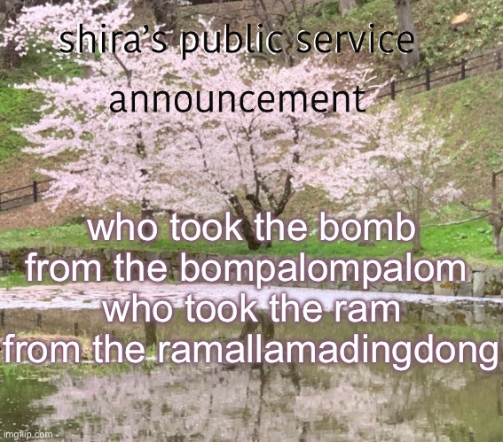 shira’s PSA | who took the bomb from the bompalompalom 
who took the ram from the ramallamadingdong | image tagged in shira s psa | made w/ Imgflip meme maker