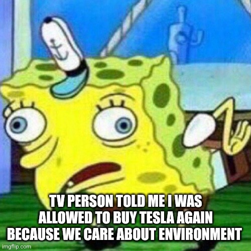 triggerpaul | TV PERSON TOLD ME I WAS ALLOWED TO BUY TESLA AGAIN BECAUSE WE CARE ABOUT ENVIRONMENT | image tagged in triggerpaul | made w/ Imgflip meme maker