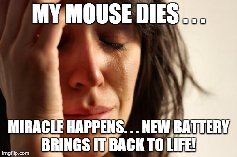 First World Problems Meme | MY MOUSE DIES . . . MIRACLE HAPPENS. . . NEW BATTERY BRINGS IT BACK TO LIFE! | image tagged in memes,first world problems | made w/ Imgflip meme maker