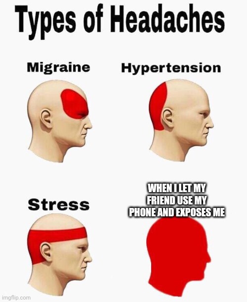 Headaches | WHEN I LET MY FRIEND USE MY PHONE AND EXPOSES ME | image tagged in headaches | made w/ Imgflip meme maker
