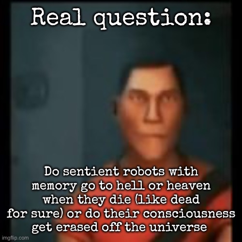 Do they go to robot-hell or robot-heavenv | Real question:; Do sentient robots with memory go to hell or heaven when they die (like dead for sure) or do their consciousness get erased off the universe | image tagged in disappointed scout,msmg | made w/ Imgflip meme maker