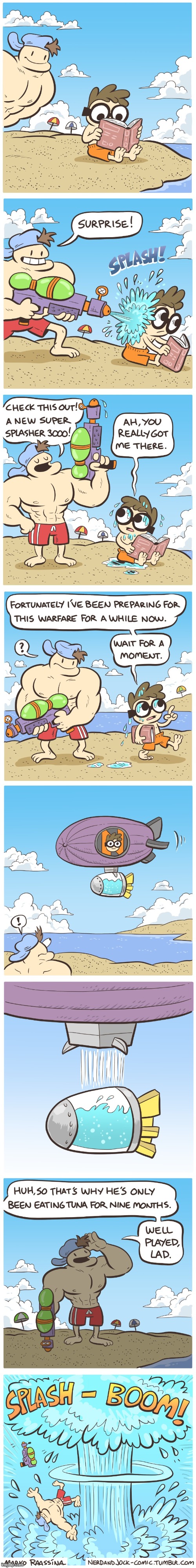 image tagged in nerd,jock,beach,water gun,nuke,splash | made w/ Imgflip meme maker