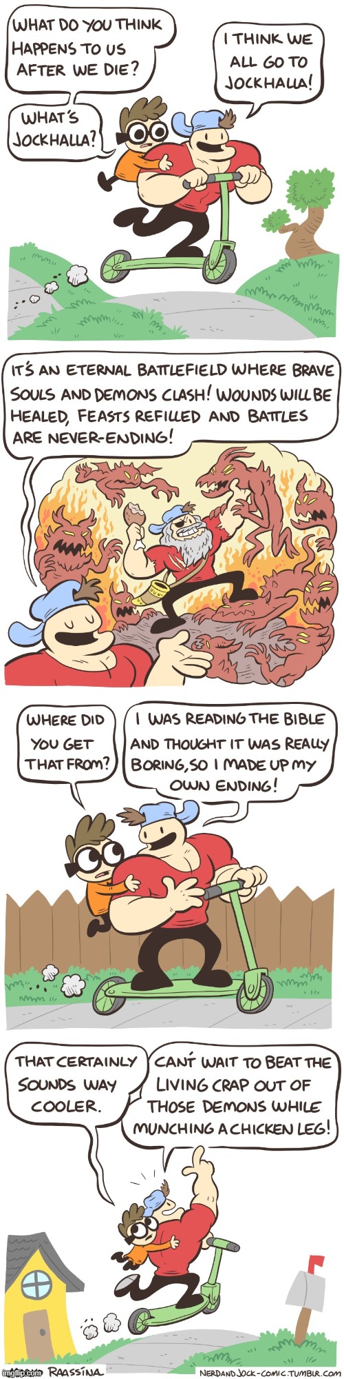 image tagged in nerd,jock,valhalla,bible,demons,chicken leg | made w/ Imgflip meme maker