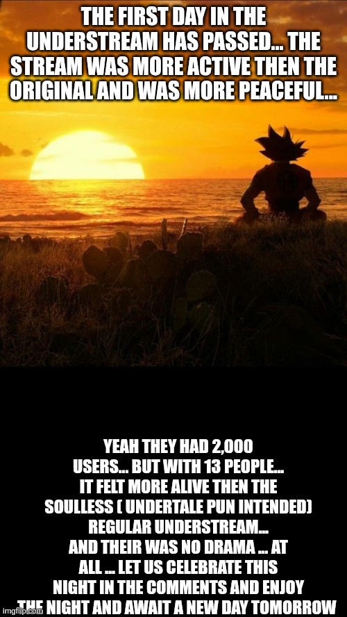 Dragonball Quoteable | THE FIRST DAY IN THE UNDERSTREAM HAS PASSED... THE STREAM WAS MORE ACTIVE THEN THE ORIGINAL AND WAS MORE PEACEFUL... YEAH THEY HAD 2,000 USERS... BUT WITH 13 PEOPLE... IT FELT MORE ALIVE THEN THE SOULLESS ( UNDERTALE PUN INTENDED) REGULAR UNDERSTREAM... AND THEIR WAS NO DRAMA ... AT ALL ... LET US CELEBRATE THIS NIGHT IN THE COMMENTS AND ENJOY THE NIGHT AND AWAIT A NEW DAY TOMORROW | image tagged in dragonball quoteable | made w/ Imgflip meme maker