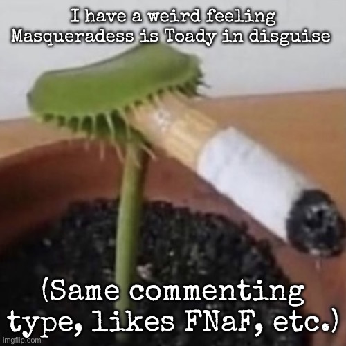 plant weeds | I have a weird feeling Masqueradess is Toady in disguise; (Same commenting type, likes FNaF, etc.) | image tagged in plant weeds,msmg | made w/ Imgflip meme maker
