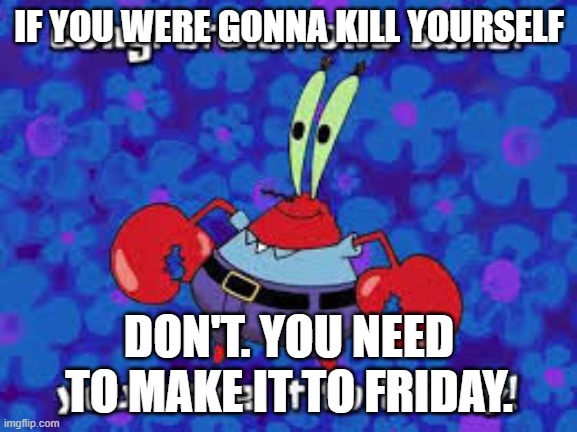 Congratulations sailer | IF YOU WERE GONNA KILL YOURSELF; DON'T. YOU NEED TO MAKE IT TO FRIDAY. | image tagged in congratulations sailer | made w/ Imgflip meme maker