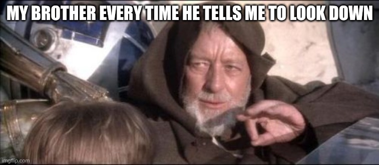 he gets me every time to | MY BROTHER EVERY TIME HE TELLS ME TO LOOK DOWN | image tagged in memes,these aren't the droids you were looking for | made w/ Imgflip meme maker