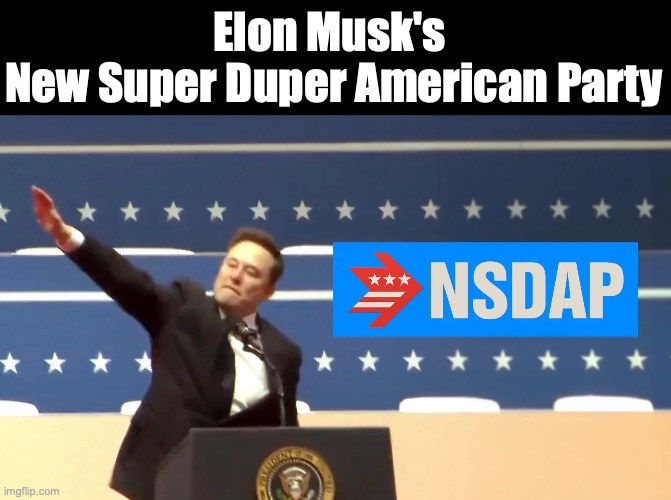 Elon Musk's New Super Duper American Party (NSDAP) | Elon Musk's 
New Super Duper American Party | image tagged in elon musk's new super duper american party nsdap | made w/ Imgflip meme maker