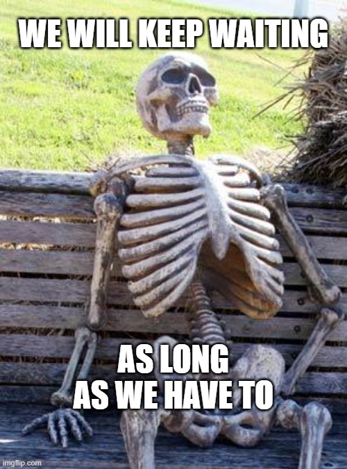 Waiting Skeleton | WE WILL KEEP WAITING; AS LONG AS WE HAVE TO | image tagged in memes,waiting skeleton | made w/ Imgflip meme maker