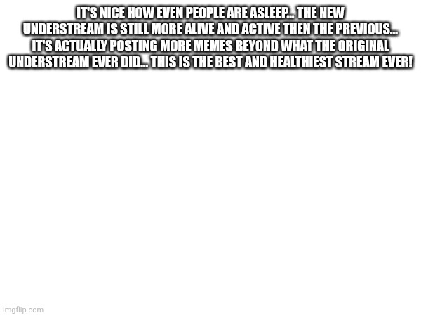 IT'S NICE HOW EVEN PEOPLE ARE ASLEEP... THE NEW UNDERSTREAM IS STILL MORE ALIVE AND ACTIVE THEN THE PREVIOUS... IT'S ACTUALLY POSTING MORE MEMES BEYOND WHAT THE ORIGINAL UNDERSTREAM EVER DID... THIS IS THE BEST AND HEALTHIEST STREAM EVER! | image tagged in sans of topic | made w/ Imgflip meme maker