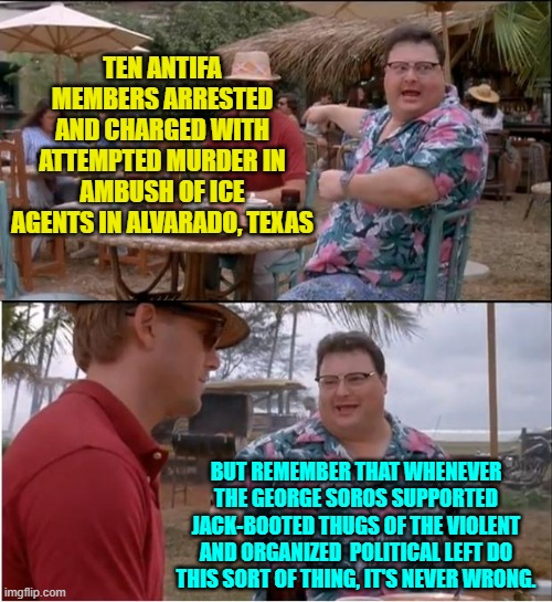 It must be a shock to the leftists to discover that they are faced with FEDERAL charges. | TEN ANTIFA MEMBERS ARRESTED AND CHARGED WITH ATTEMPTED MURDER IN AMBUSH OF ICE AGENTS IN ALVARADO, TEXAS; BUT REMEMBER THAT WHENEVER THE GEORGE SOROS SUPPORTED JACK-BOOTED THUGS OF THE VIOLENT AND ORGANIZED  POLITICAL LEFT DO THIS SORT OF THING, IT'S NEVER WRONG. | image tagged in see nobody cares | made w/ Imgflip meme maker