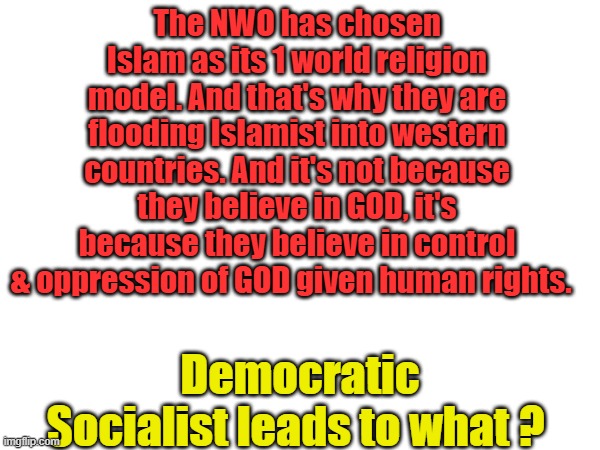 List your rights Islam gives you? Free speech NOPE Freedom of Choice Nop Freedom to love who ever Nope. That gets you thrown off | The NWO has chosen Islam as its 1 world religion model. And that's why they are flooding Islamist into western countries. And it's not because they believe in GOD, it's because they believe in control & oppression of GOD given human rights. Democratic Socialist leads to what ? | made w/ Imgflip meme maker
