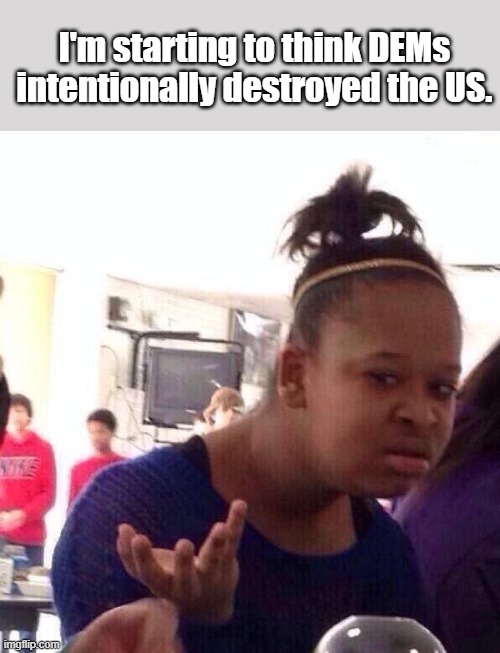 Black Girl Wakes up. | I'm starting to think DEMs intentionally destroyed the US. | image tagged in memes,black girl wat | made w/ Imgflip meme maker