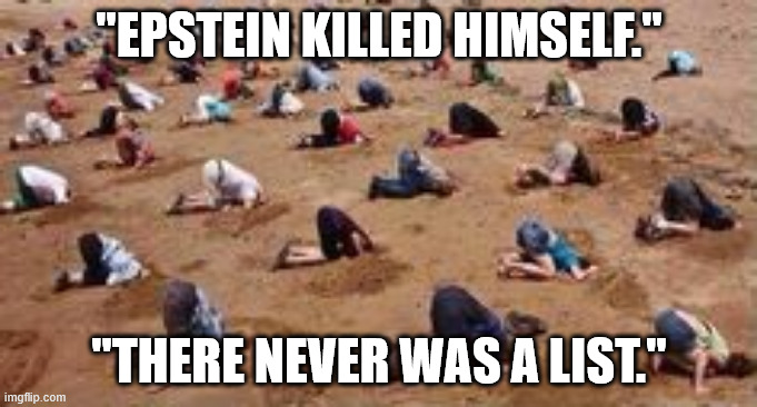 Epstein killed himself. There never was a list. | "EPSTEIN KILLED HIMSELF."; "THERE NEVER WAS A LIST." | image tagged in head in the sand,jeffrey epstein | made w/ Imgflip meme maker