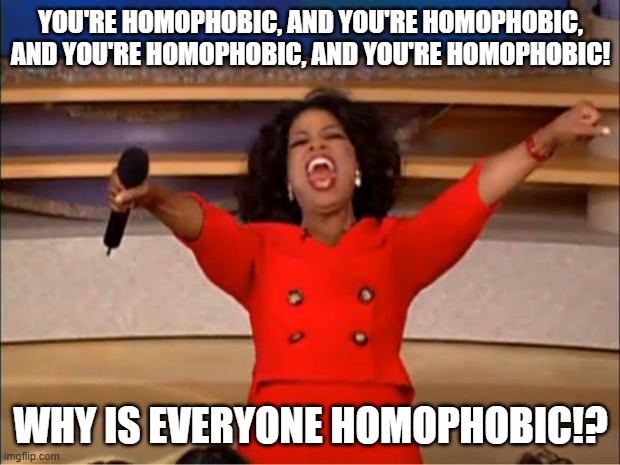 Oprah You Get A Meme | YOU'RE HOMOPHOBIC, AND YOU'RE HOMOPHOBIC, AND YOU'RE HOMOPHOBIC, AND YOU'RE HOMOPHOBIC! WHY IS EVERYONE HOMOPHOBIC!? | image tagged in memes,oprah you get a | made w/ Imgflip meme maker