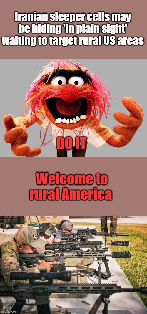 They will find out very fast they are no longer in blue cities No due process. No safe places for them here | Iranian sleeper cells may be hiding 'in plain sight' waiting to target rural US areas; DO IT; Welcome to rural America | image tagged in animal muppets | made w/ Imgflip meme maker