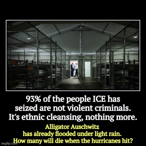 93% of the people ICE has seized are not violent criminals. It's ethnic cleansing, nothing more. | Alligator Auschwitz 
has already flooded  | image tagged in funny,demotivationals,alligator,auschwitz,innocent,die | made w/ Imgflip demotivational maker